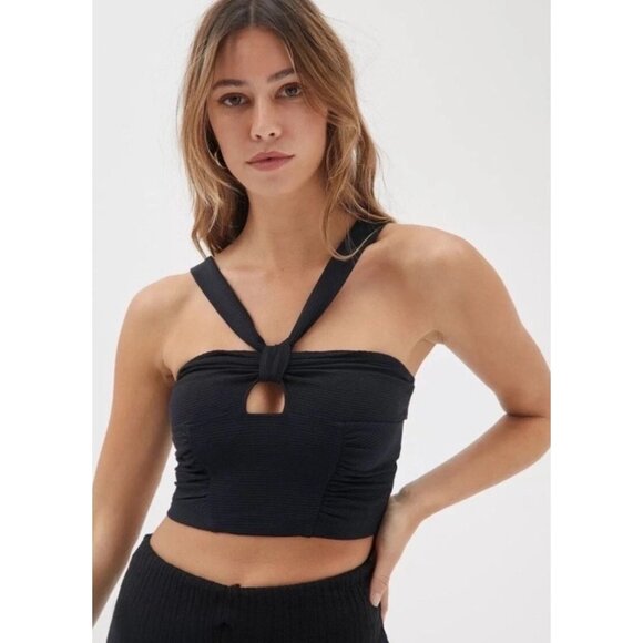 Urban Outfitters Tops - Urban Outfitters Midnight Black Crop‎ Knot Front Tank Top Ribbed Festival Size S